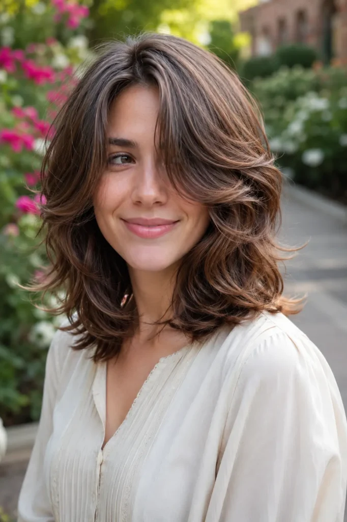 Young woman with a shoulder-length wavy hairstyle featuring feathered layers and soft movement, photographed on a garden pathway in natural daylight. The airy waves frame her face with natural volume and texture, while a blurred floral background keeps the focus on the detailed hairstyle and realistic hair strands.