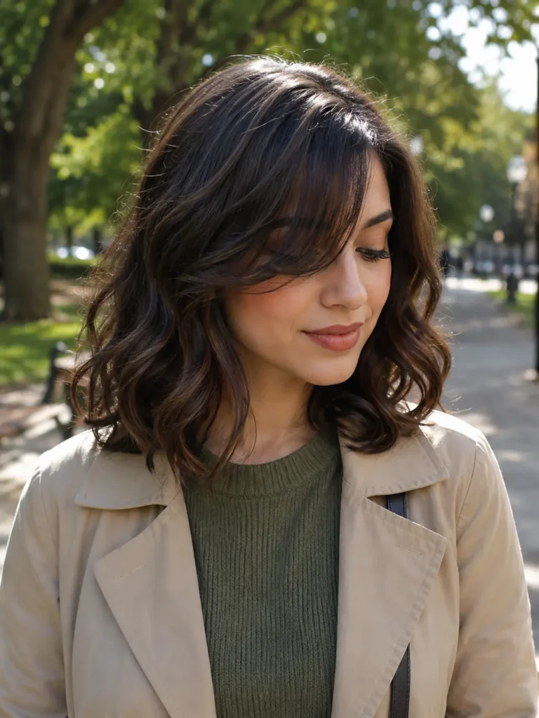 Young woman with a shoulder-length wavy hairstyle and side-swept bangs, featuring soft volume and natural movement.