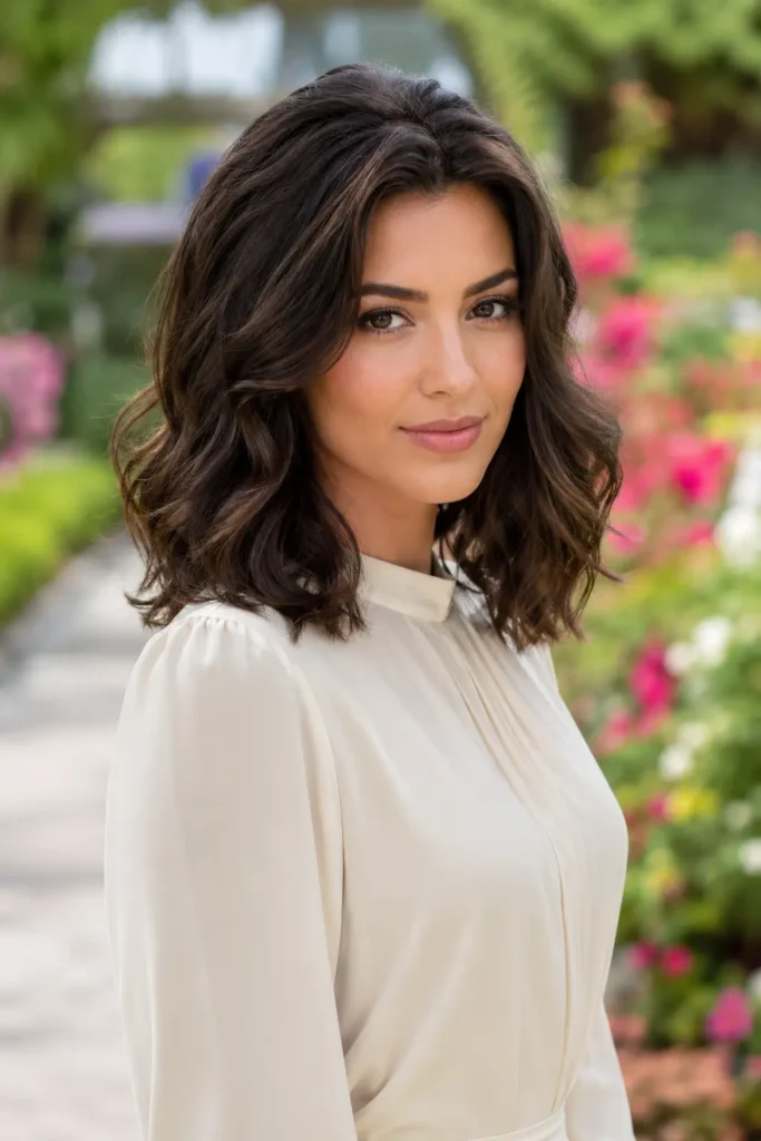 Young woman with a shoulder-length wavy hairstyle featuring lifted roots and soft, voluminous waves, standing in a botanical garden