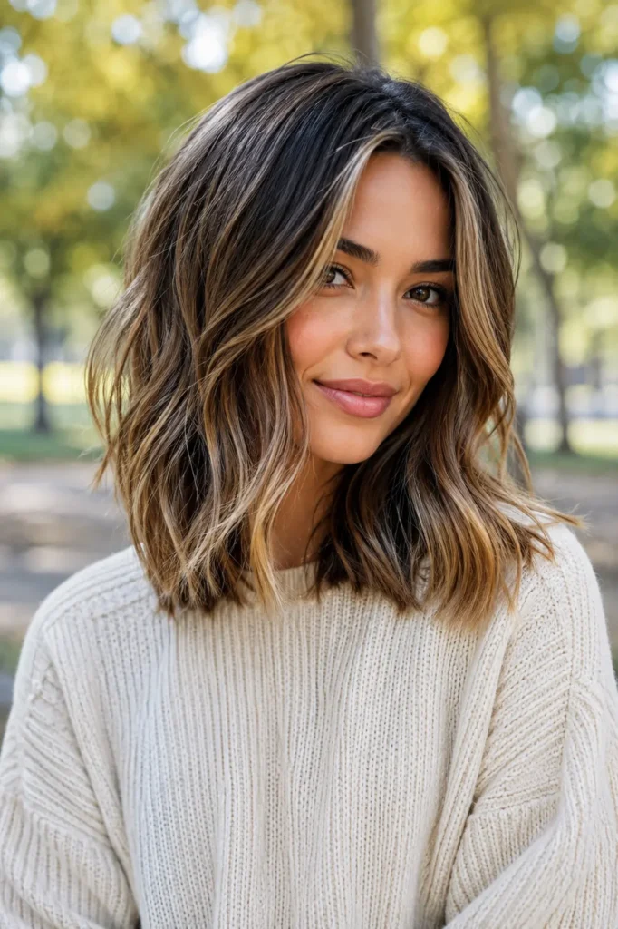 Young woman with shoulder-length wavy hair and face-framing highlights, showcasing dimensional color and texture. Photographed outdoors in a park with natural daylight, wearing a modest cream sweater. The hairstyle is the focal point