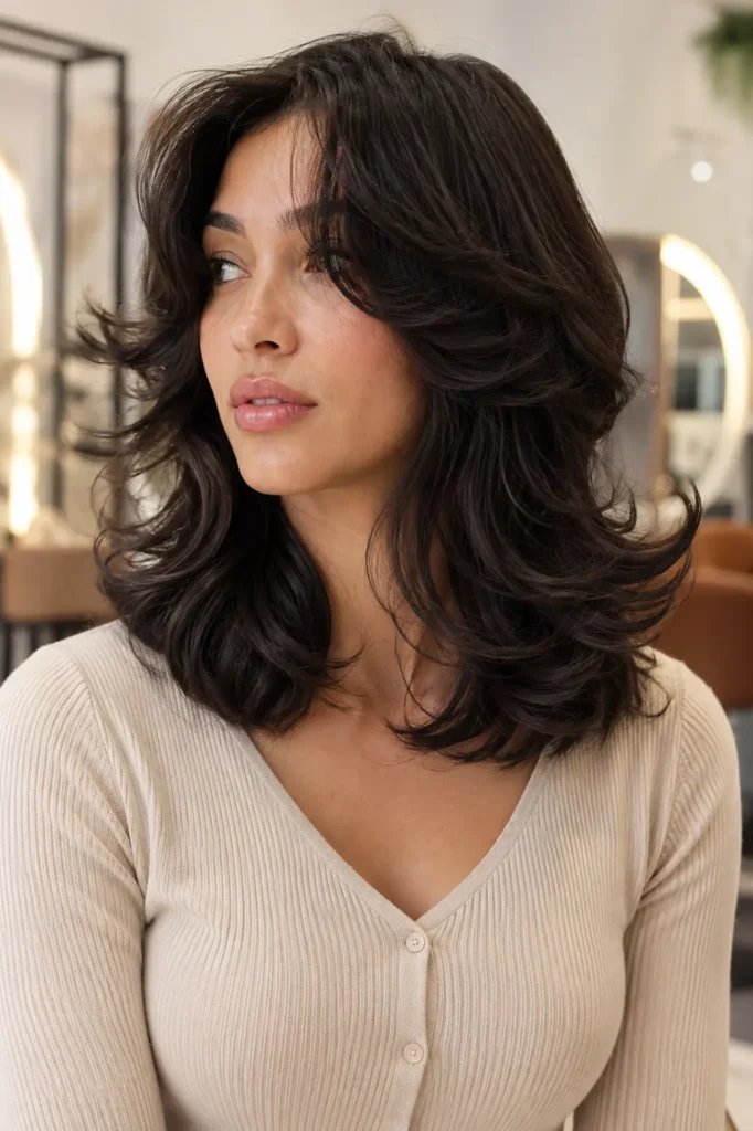 Young woman with a shoulder-length wavy hairstyle featuring softly flipped ends, creating smooth outward movement and volume