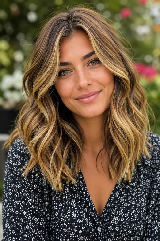Portrait of a 25-year-old woman with shoulder-length wavy hair featuring honey blonde highlights and dimensional golden tones. Her textured waves frame her face, showcasing the color variation and shine throughout the hairstyle.