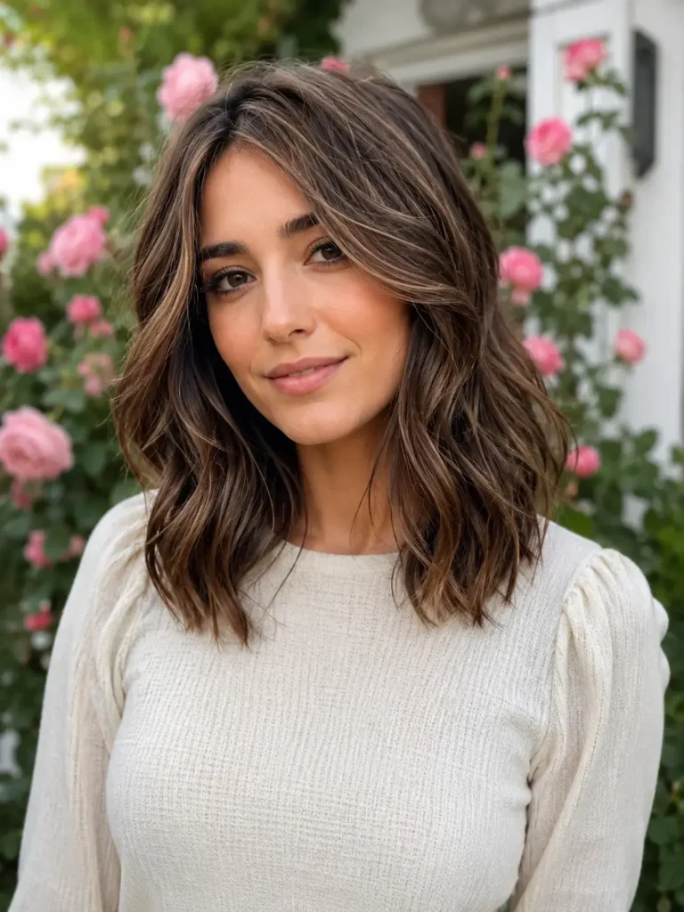 Young woman with a shoulder-length wavy hairstyle featuring long, softly layered waves and natural movement, photographed in a floral garden. Her hair is the focal point, showing detailed texture and volume. She wears a modest cream-colored top