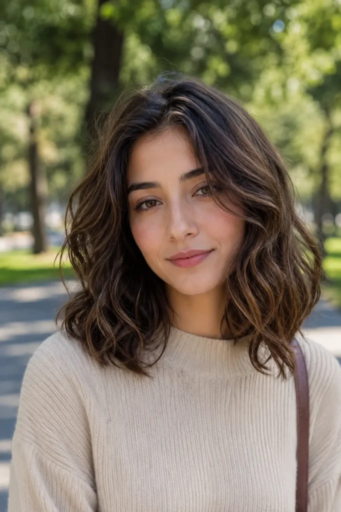 Young woman with a shoulder-length wavy hairstyle and subtle layers, featuring soft natural movement and texture. She is photographed outdoors in a park under natural daylight, wearing a modest cream-colored sweater.