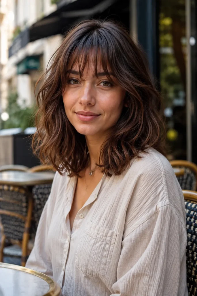 Young woman with a shoulder-length wavy hairstyle and wispy bangs, featuring soft layers and natural movement. She is seated at an outdoor café in natural daylight, wearing a modest light-colored blouse.