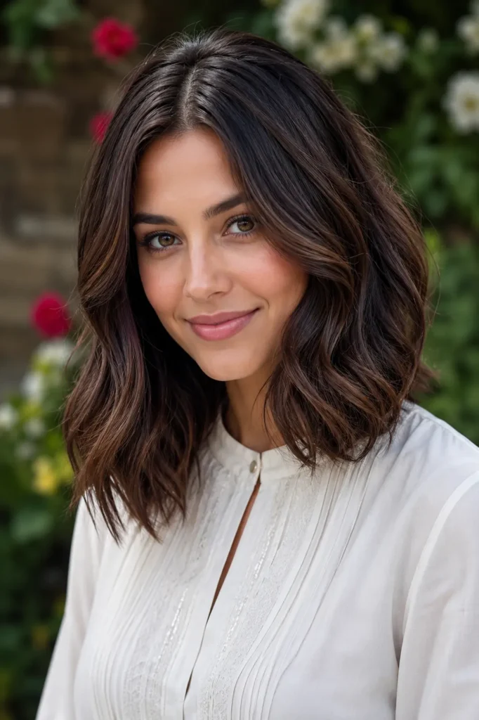 Young woman with a shoulder-length wavy hairstyle and center part, featuring soft natural waves and balanced volume. Photographed outdoors in a garden with natural daylight, wearing a modest white blouse.