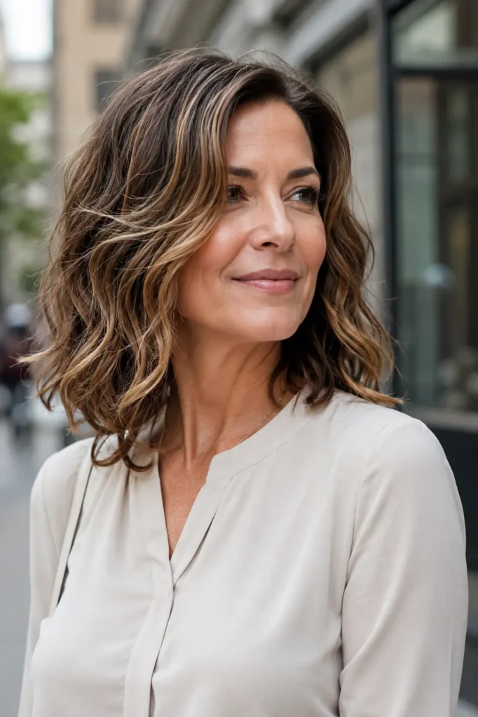 Portrait of a real woman aged 40–60 with a shoulder-length wavy lob hairstyle featuring soft beachy waves and natural volume. Her hair is the focal point of the image, showing detailed texture and movement. She wears a modest light-colored blouse that covers the chest