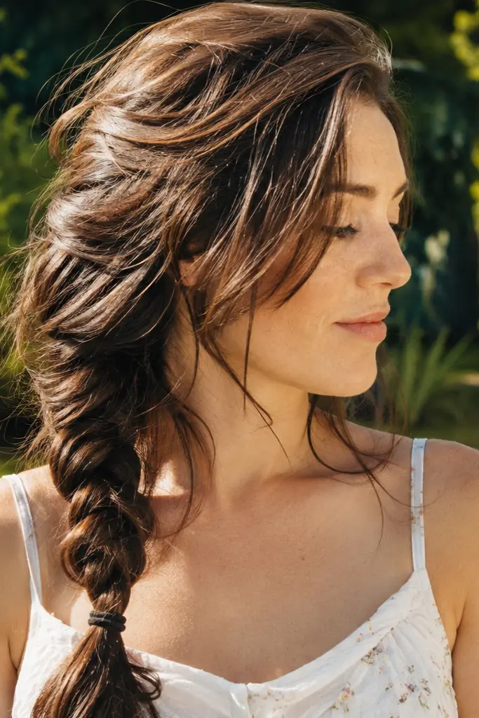 A woman wearing a loose side braid enjoys a sunny afternoon in the garden, showing off an effortless hairstyle with soft texture and natural movement.