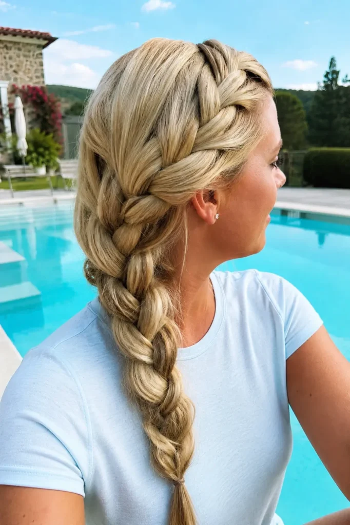 English woman aged 25–40 with light butter blonde hair styled in a thick side French braid, photographed beside a luxury outdoor swimming pool on a bright summer day
