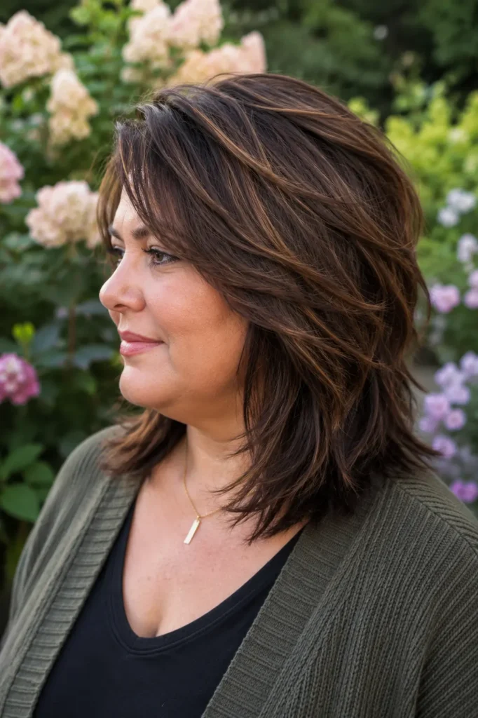 Plus size woman aged 35–55 with a side-parted layered shag haircut in medium brown hair, photographed in a floral garden. The vertical portrait highlights the textured layers, volume, and movement of the hairstyle