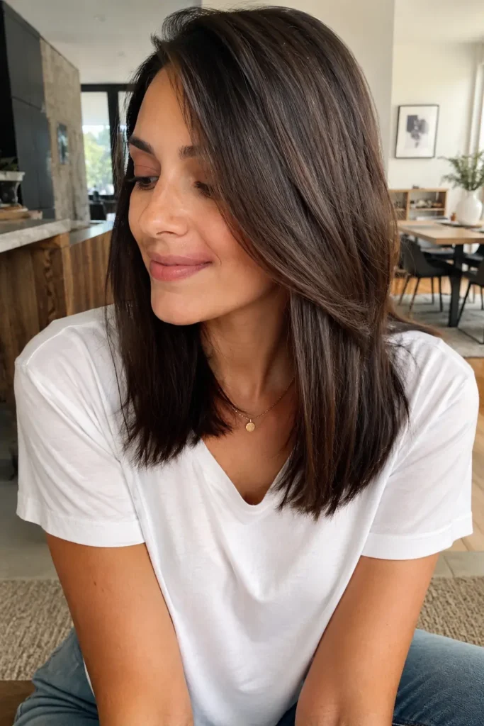 woman with medium-length straight brunette hair styled with a deep side part, showcasing smooth texture and natural shine. She wears a casual white top in a bright modern indoor setting with natural window light.