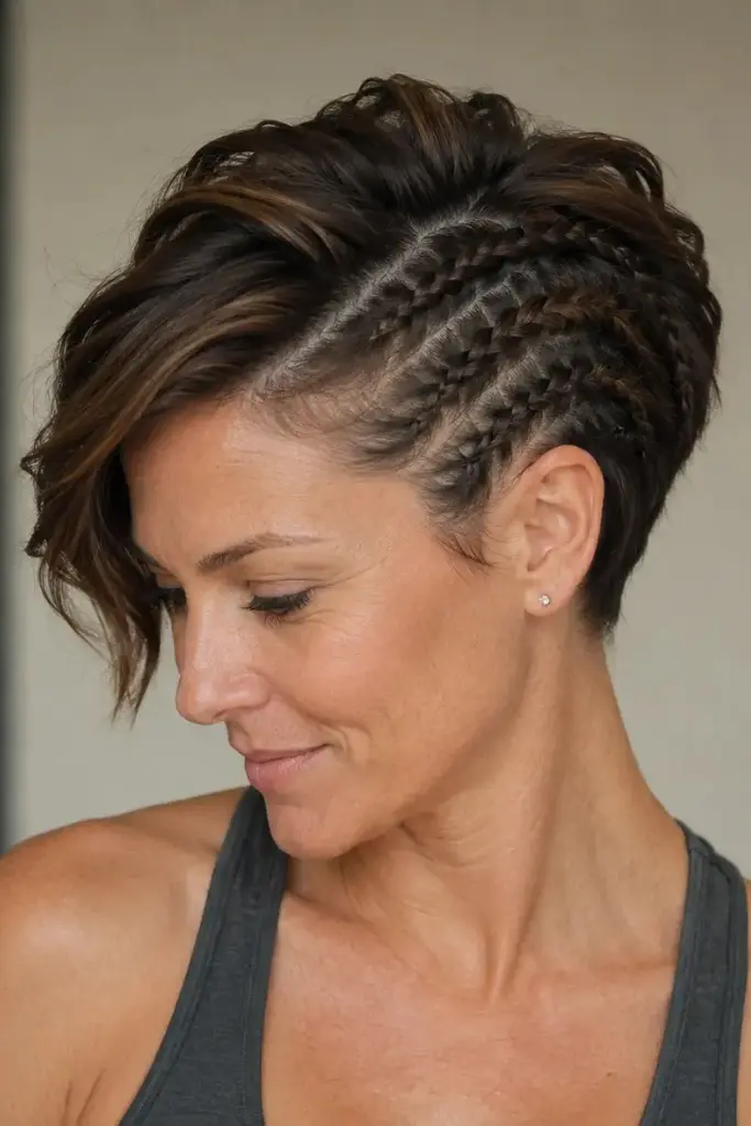 Real woman with a side-parted pixie haircut featuring decorative braided details on one side. She has natural facial features, realistic skin texture, and wears a fitted dark gray yoga top. The hairstyle showcases a voluminous textured top with intricate side braids and neatly cropped sides