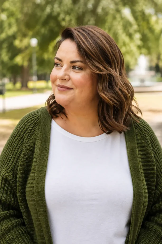 Plus-size woman with a side-parted wavy lob hairstyle in chestnut brown, wearing a modest white top and green cardigan, standing in a sunlit park