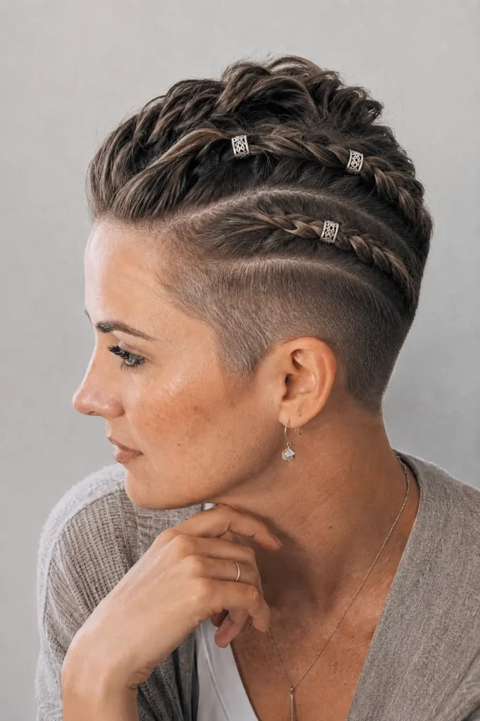 Side-profile portrait of a real woman with a neat side-shaved pixie braid hairstyle featuring intricate crown braids and subtle metallic braid cuffs. The modern Scandinavian-inspired haircut showcases clean braid patterns, natural hair texture, and a closely shaved undercut