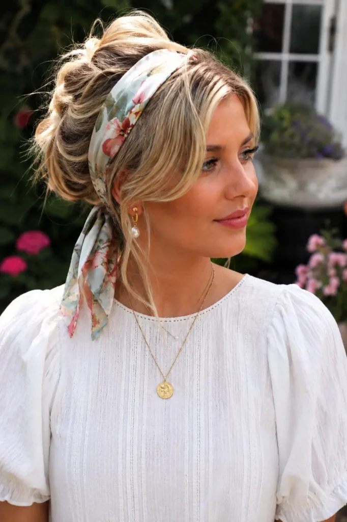 A real English woman with champagne blonde side-swept hair styled with a soft pastel bandana, photographed in natural garden sunlight. The detailed hairstyle is the focal point, showcasing realistic texture, gentle volume, and an elegant everyday look in a bright outdoor setting.
