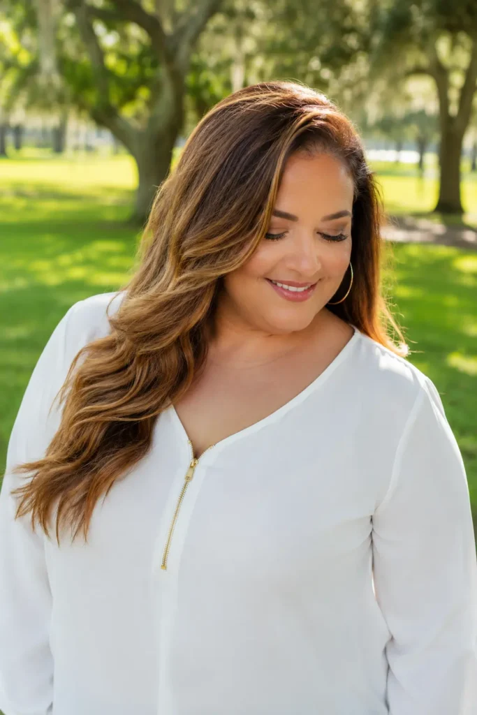 Plus size woman with side-swept long wavy hair and caramel brown highlights, wearing an elegant white blouse in a sunlit park, showcasing a flattering hairstyle for fuller face shapes with natural beauty and realistic features.