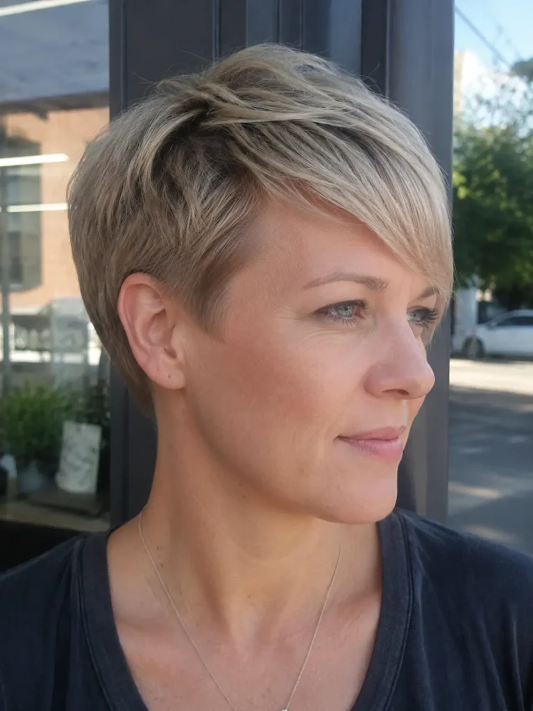 Close-up portrait of a real English woman with a side-swept pixie haircut in soft ash blonde tones, photographed in natural daylight. The short layered hairstyle is the main focus, featuring longer swept bangs and neatly tapered sides