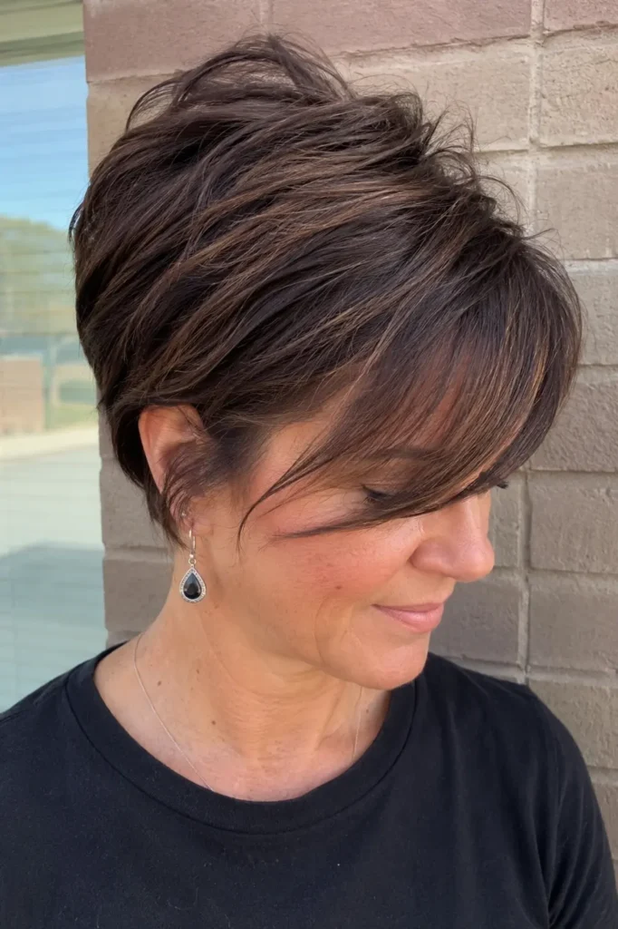 Close-up portrait of a real woman over 40 with a side-swept pixie haircut featuring a long sweeping fringe, natural crown volume, and rich brunette hair.