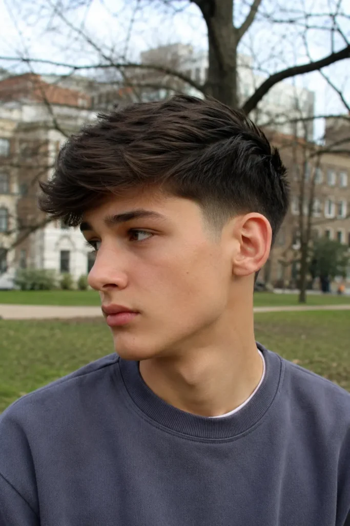 teenage boy with a side-swept short haircut and textured top, wearing a gray sweatshirt in an outdoor park setting. The hairstyle features hair swept naturally to one side with clean tapered sides, highlighted by soft natural daylight