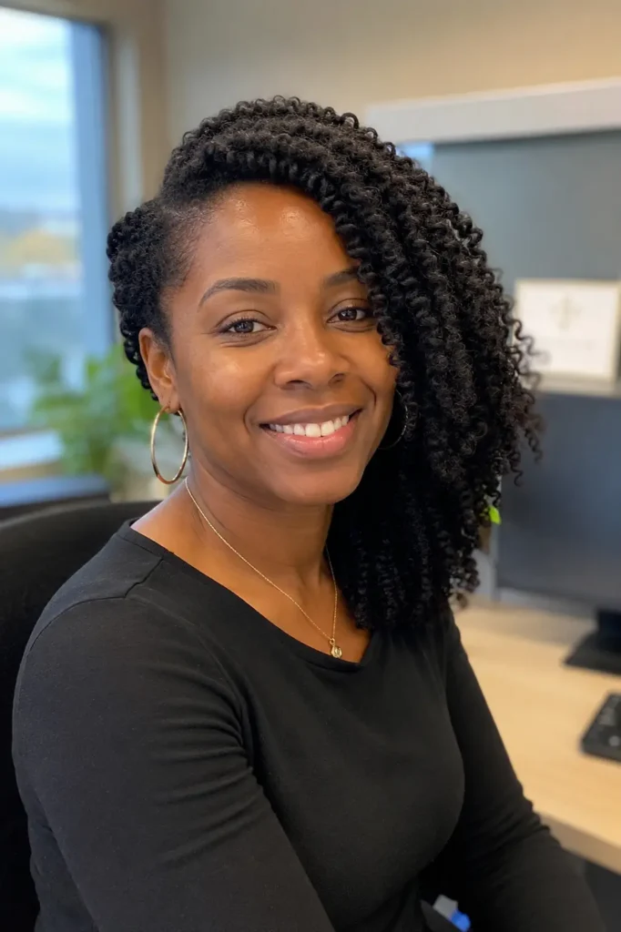 woman with a side-swept twist-out hairstyle featuring defined natural curls cascading to one side, photographed in a professional office setting. The hairstyle is the focal point, showcasing realistic Type 4 hair texture, curl definition, and natural shine