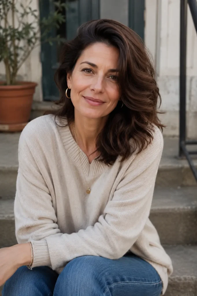 woman with medium-length side-swept wavy brunette hair, featuring soft volume, natural movement, and healthy shine. She wears a casual elegant cream sweater and sits outdoors in natural daylight, smiling gently toward the camera