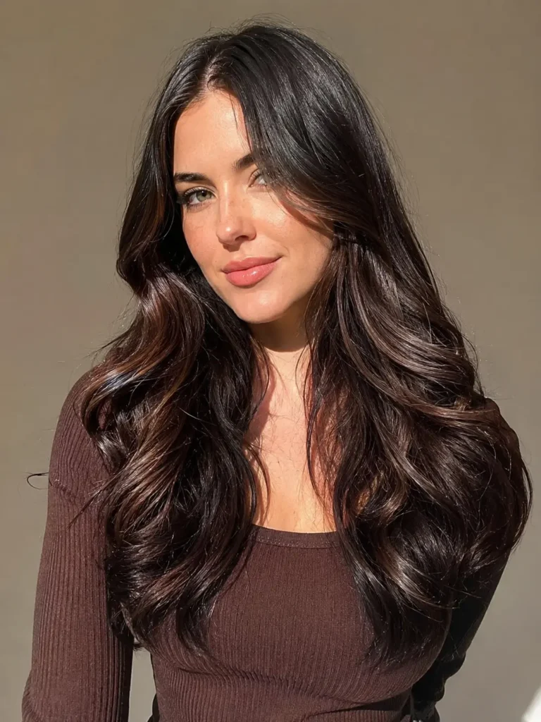 woman with silky black hair enhanced by rich coffee brown highlights, shown facing the camera. Her long, glossy hair is illuminated by bright natural sunlight, revealing luxurious shine and dimensional color