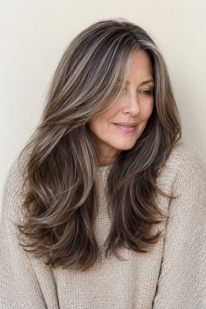an English woman aged 45–60 with silky brown hair and fine silver highlights, wearing a beige knit sweater against a cream background in bright natural daylight.
