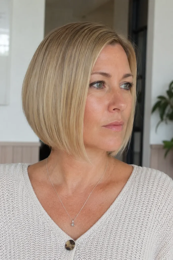 a woman with a sleek A-line bob haircut in light beige blonde, photographed in bright natural light.
