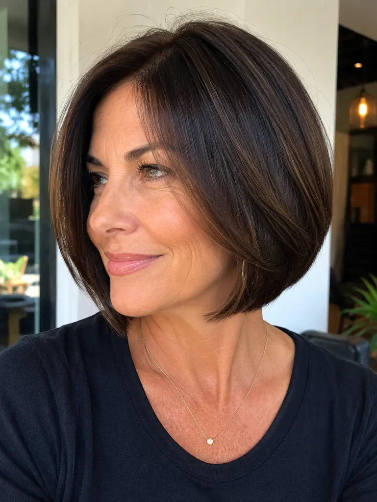 Close-up portrait of a real woman over 40 with a sleek ear-length bob haircut. Her smooth, straight brunette hair has a natural shine and precise shape that frames her face beautifully. Captured in natural daylight, the hairstyle is the main focus