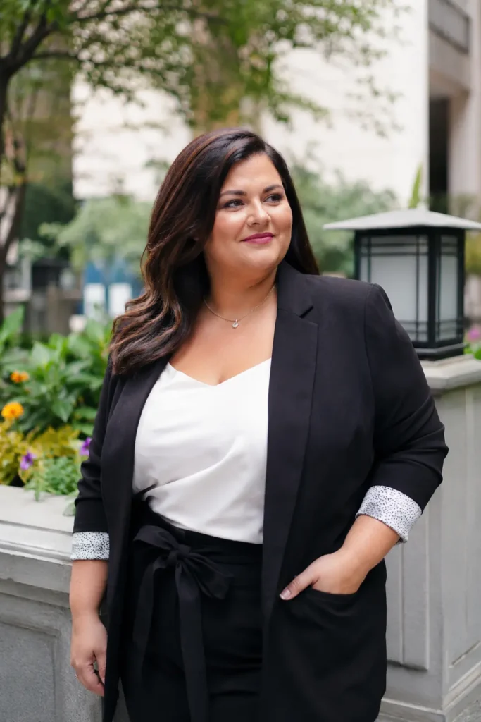 Plus size woman with sleek layered dark brown hair and a deep side part, wearing a black business-casual blazer and white blouse, standing in an outdoor urban garden. Her glossy hair frames her face beautifully, with natural makeup and realistic skin texture