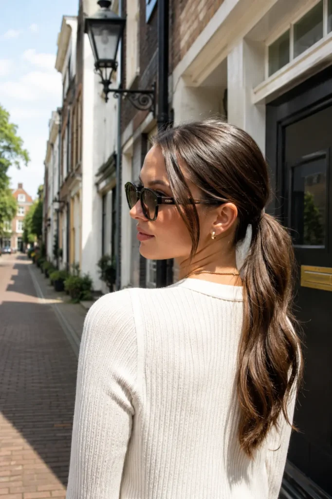 A woman with glossy brunette hair styled in a sleek low ponytail stands outdoors on a sunny summer day, wearing sunglasses and a white ribbed top