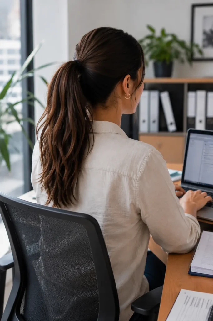 Back view of a real woman with medium-length dark brown hair styled in a sleek low ponytail, seated at a desk in a bright professional office