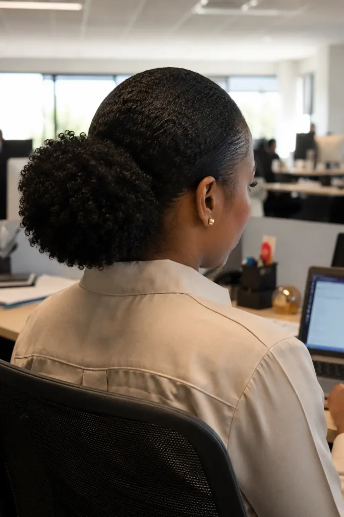 Back view of a real woman with natural Type 4 hair styled in a sleek low puff, seated in a professional office workspace. The hairstyle features smooth, neatly brushed hair gathered into a full textured puff at the nape, highlighted by soft natural daylight. She wears a business-casual beige blouse