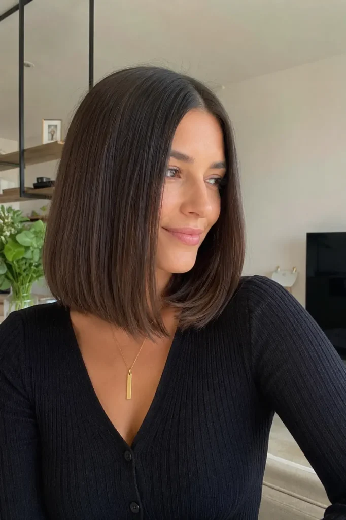 woman with a sleek middle-part lob haircut and medium-length brunette hair, featuring smooth texture and natural shine. She wears a casual chic black top in a bright modern indoor setting with soft natural daylight.