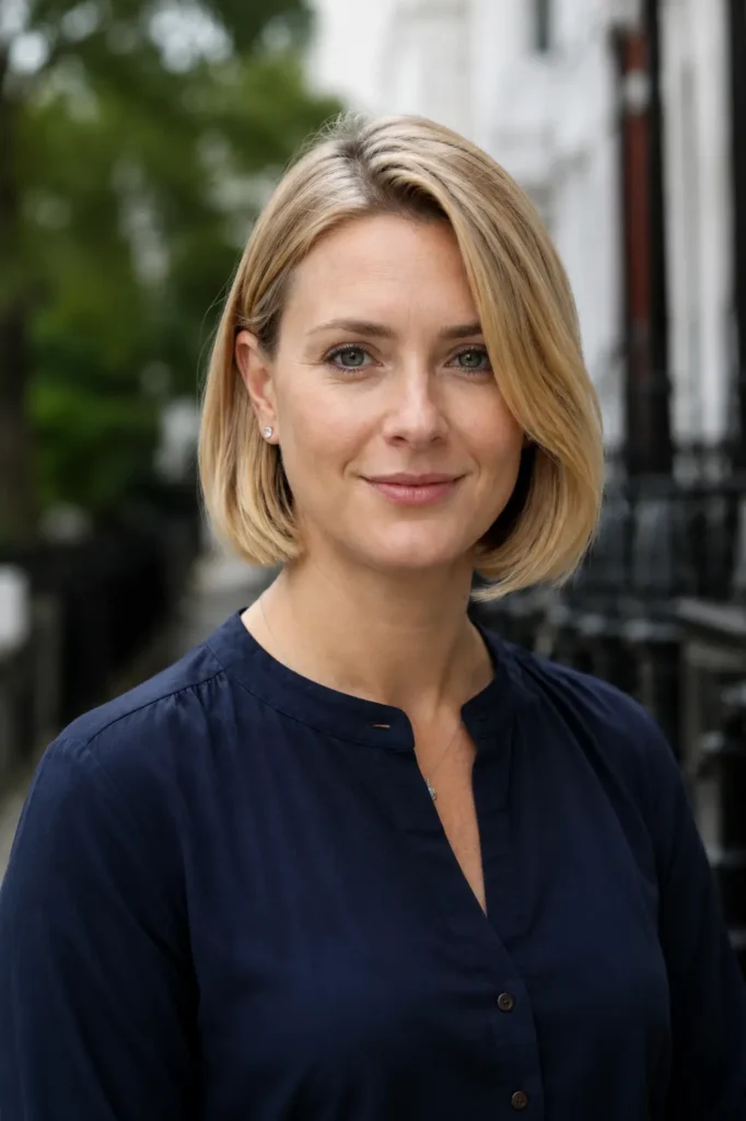Real English woman with sleek side-part blonde bob hairstyle and oval face in natural daylight portrait.
