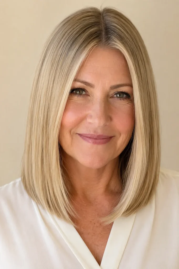 a 52–60-year-old English woman with a sleek, straight shoulder-length lob and a precise center part. Her glossy, mirror-like blonde hair has a smooth, polished finish with visible individual strands, taking up most of the frame