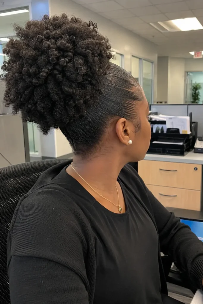 everyday woman wearing a slicked-back afro puff hairstyle with smooth laid edges and a full, voluminous puff of natural curls. Side and back profile view highlights the hairstyle's shape, texture, and neat finish