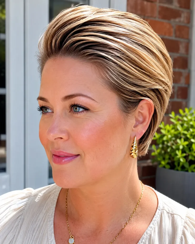 English woman with a round face and a slicked-back pixie bob haircut featuring lifted crown volume and glossy blonde highlights