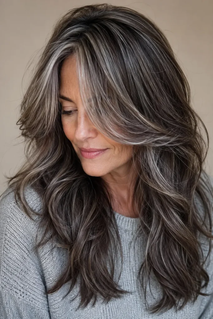 English woman aged 45–60 with smoky brown hair featuring blended silver highlights and lowlights, showcasing glossy layered strands in bright daylight against a soft cream background, wearing a light gray sweater.