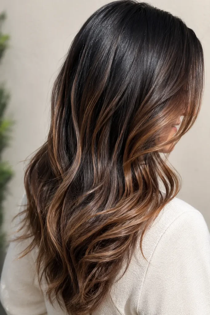 **Alt text:** Black balayage hair with soft caramel brown highlights on a real English woman, shown from the back and partial side profile. The glossy, silky waves shine in bright natural daylight against a neutral cream background, highlighting healthy, dimensional hair texture.
