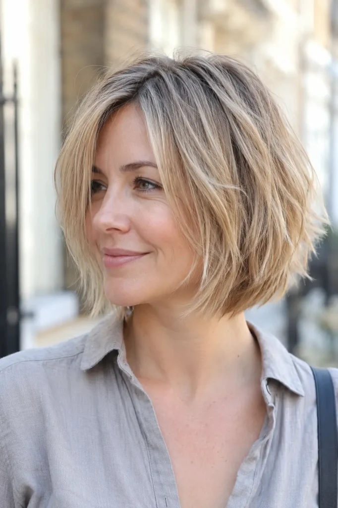woman aged 28–40 with a soft choppy layered bob haircut in medium ash blonde, photographed outdoors in bright natural daylight