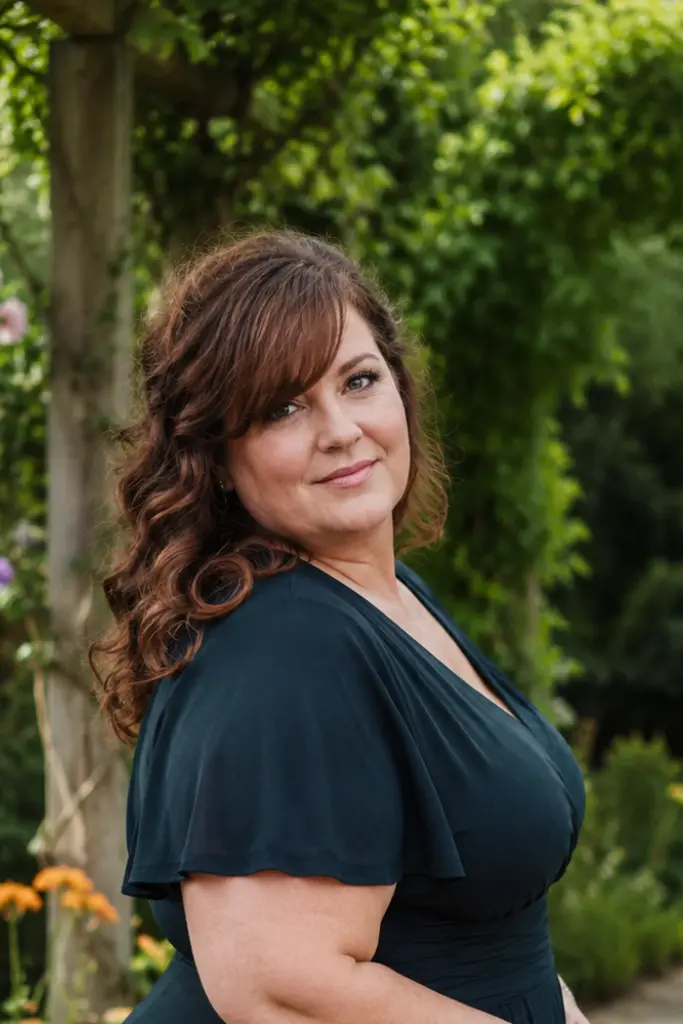 plus size woman with soft chestnut brown curls and side-swept bangs wearing an elegant dark dress, standing in a lush garden pathway surrounded by colorful flowers and greenery