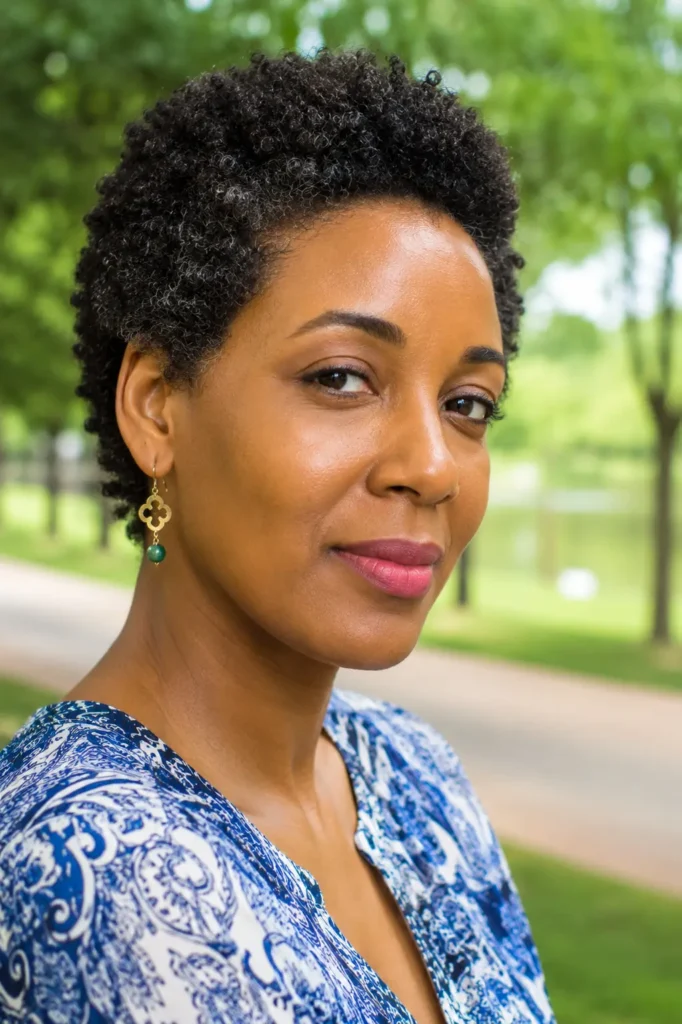 woman with a soft curly TWA (teeny weeny afro) hairstyle featuring natural, defined textured curls. She wears a casual elegant blue patterned blouse and small earrings while posing outdoors in a lush park setting