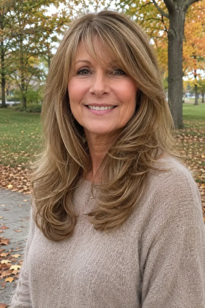 **SEO Alt Text:**

Long feathered layered hairstyle on a woman over 50 with soft golden brown hair, natural volume, and face-framing layers in an outdoor park setting.
