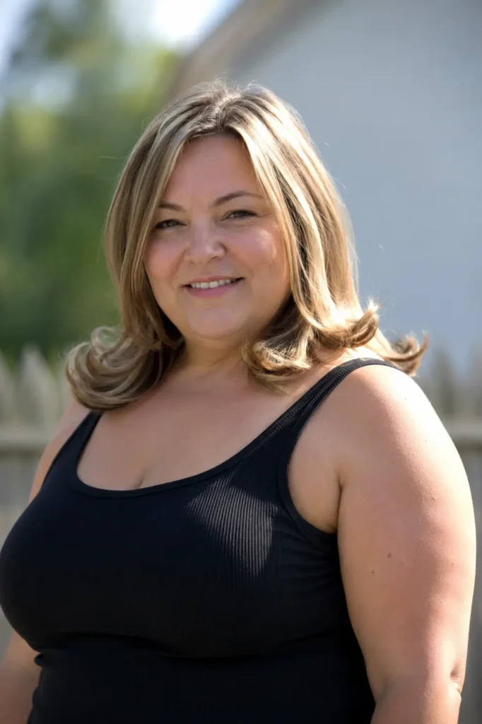 English plus-size woman with a medium-length hairstyle featuring soft flip-out ends and light honey blonde hair, photographed outdoors in bright natural daylight. Her healthy, glossy hair is the main focus, with realistic skin texture and an authentic everyday appearance captured in a high-quality DSLR vertical portrait.