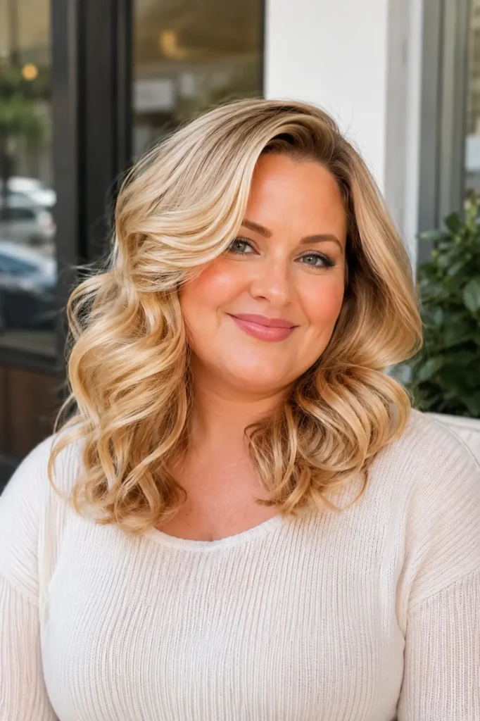English woman with medium-length soft Hollywood waves in glossy golden blonde hair, photographed in bright natural daylight