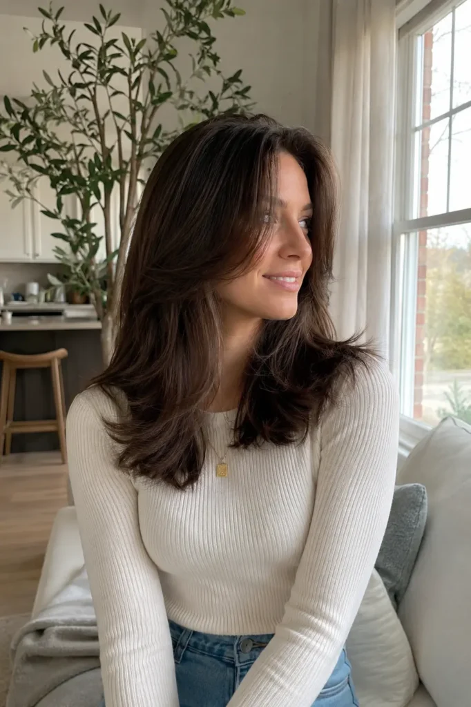 Real woman with medium-length layered brunette hair styled in a soft blowout with natural volume and movement, sitting indoors near a sunlit window. She wears a casual chic cream sweater in a cozy modern home setting, showcasing healthy shiny hair,