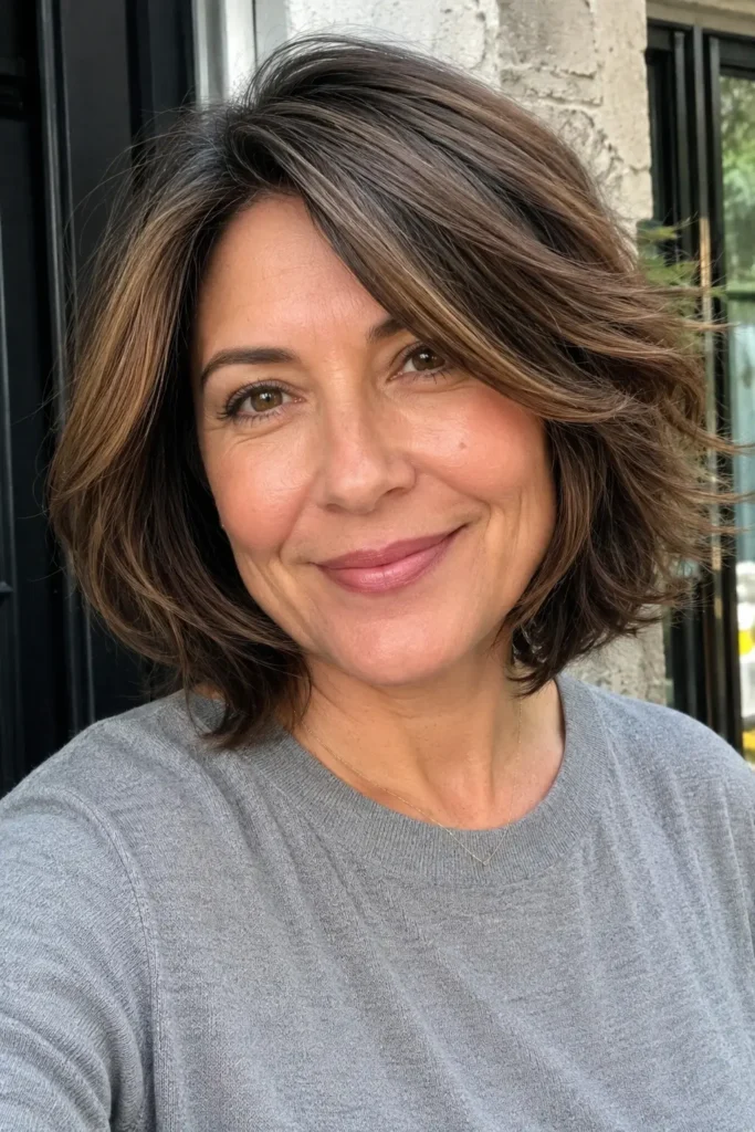 Close-up portrait of a real woman over 40 with a soft layered bob haircut featuring natural movement, volume, and subtle brunette highlights. The hairstyle is the main focus, showcasing textured layers and face-framing pieces. She wears a casual gray top and smiles gently in natural daylight,