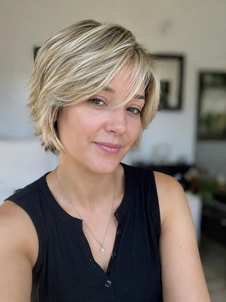 Soft layered pixie bob haircut on an oval-faced English woman with light ash blonde hair, feathered texture, and natural daylight portrait.
