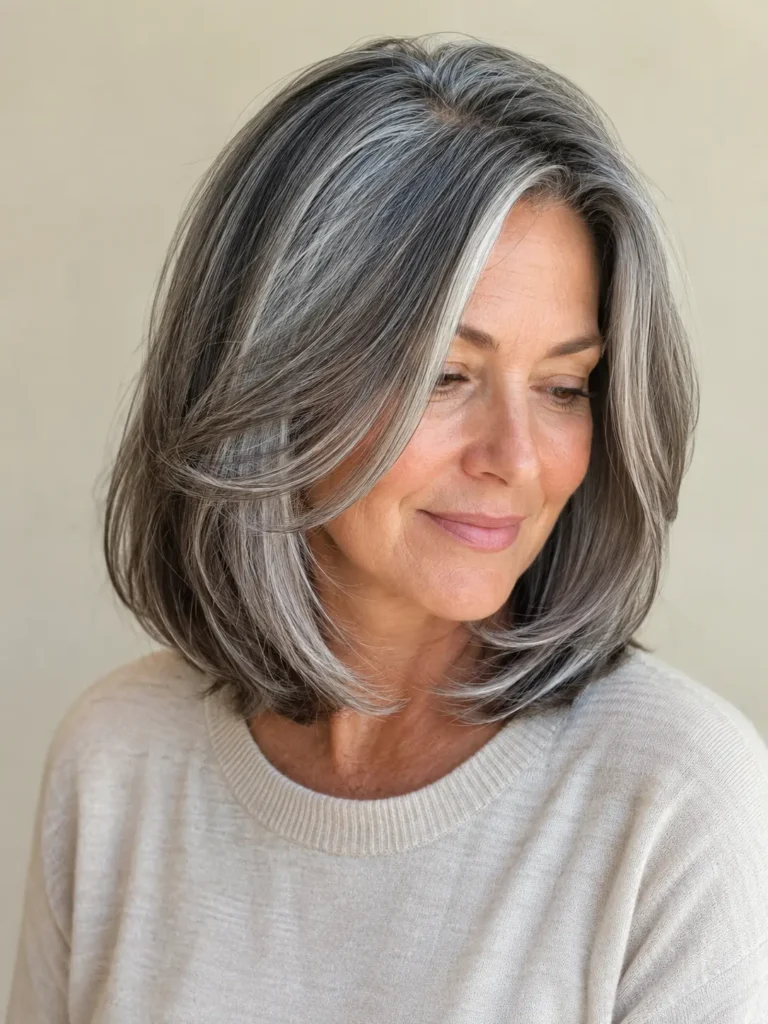a 50–65-year-old English woman with a shoulder-length salt and pepper lob featuring a deep side part and soft layered ends